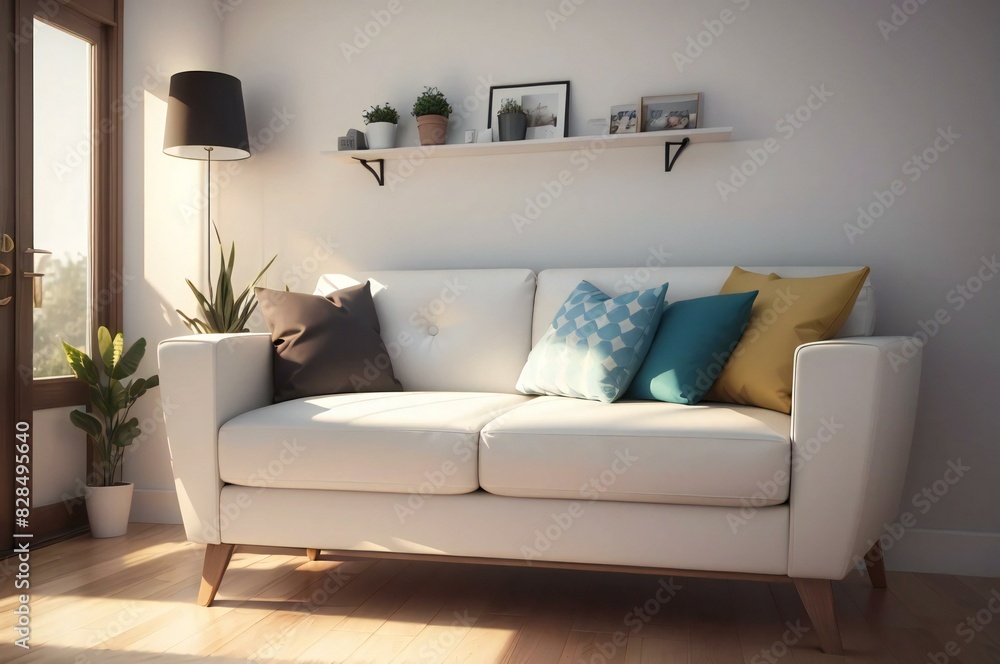 Fototapeta premium Modern living room with white sofa, vibrant cushions, sleek floor lamp, and soft morning sunlight pouring through the window