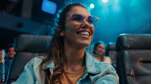 girl smiling in a theater or cinema with glasses smiling 