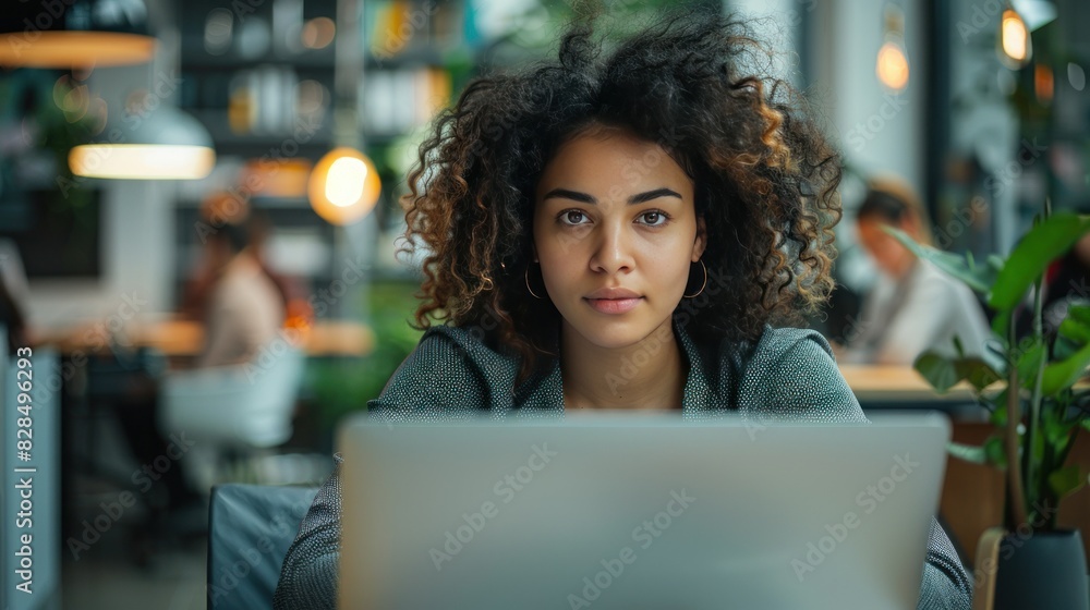 Portrait of a beautiful Middle Eastern manager, a stylish young woman with curly hair.