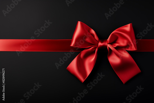  Red ribbon with bow on black background, top view. Black gift card for holiday or birthday present.
