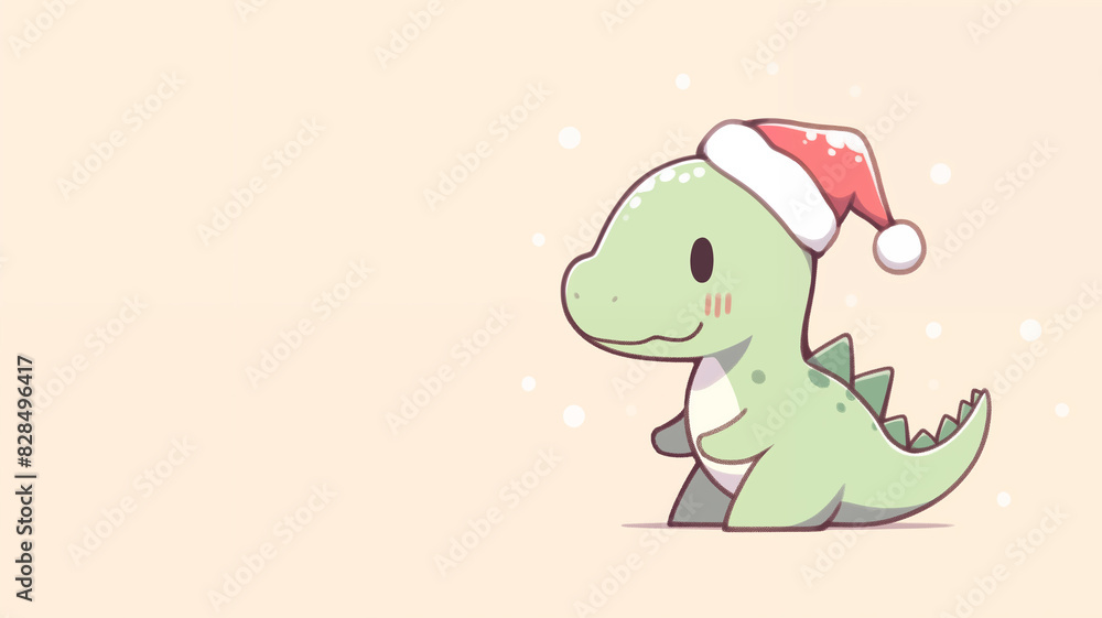 Obraz premium Hand drawn cartoon illustration of dinosaur wearing Santa hat
