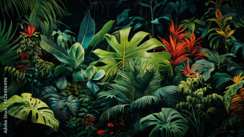 Tropical Jungle Foliage Art Illustration With Lush Greenery. Generative AI Tropical Jungle Foliage Art Illustration With Lush Greenery. Generative AI