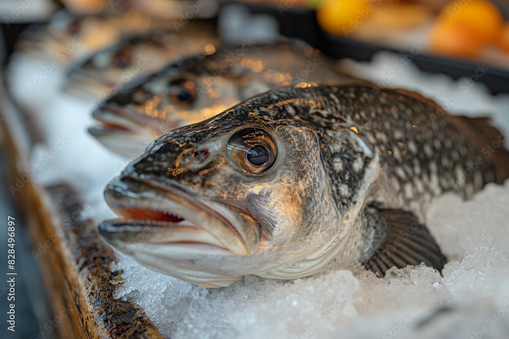 Close up of freshly Atlantic cods caught and placed on ice at supermarket Close up of freshly Atlantic cods caught and placed on ice at supermarket