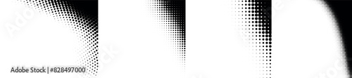 Set of halftone curve corners. Dot backgrounds. Half tone textures. Gradient dots patterns. Vector illustration