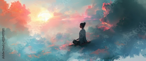 A woman meditates above clouds, embracing happiness despite concerns ☁️🧘‍♀️ Captures the beauty of finding peace and joy amidst life's challenges.  HappinessAboveClouds ✨ © Elzerl