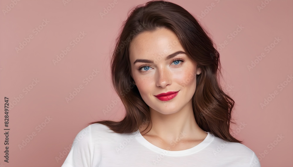 Beautiful woman with brunette hair, blue eyes, and red lips wearing a white t-shirt on a pink background with copy space Beautiful woman with brunette hair, blue eyes, and red lips wearing a white t-shirt on a pink background with copy space