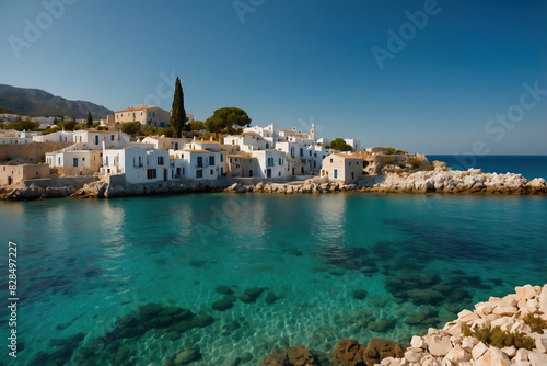 Beautiful Coastal Village in Greece with White Houses, Crystal-Clear Turquoise Water, and Rocky Shores
