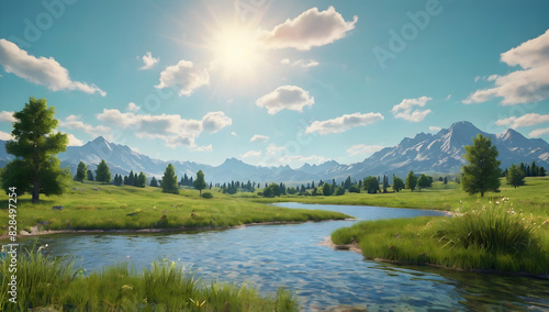 Landscape of a summer day with a pond green grass bushes and mountains on the horizon 3D illustration