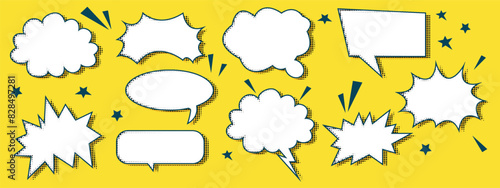 Modern speech bubble with halftone shadows. Emotional message with grunge texture. Vector illustration on a yellow background. Dialogue box for comic books. Chat speech