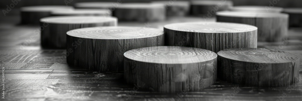 Several wooden stools placed on a wooden floor
