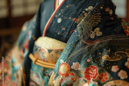 A close-up of a kimono with a pattern of cranes and flowers