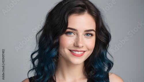 Portrait of a beautiful smiling woman with wavy brunette and blue hair, wearing black tank top on gray background