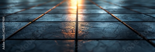 Tiled floor in a room with a bright light shining through, creating a striking contrast