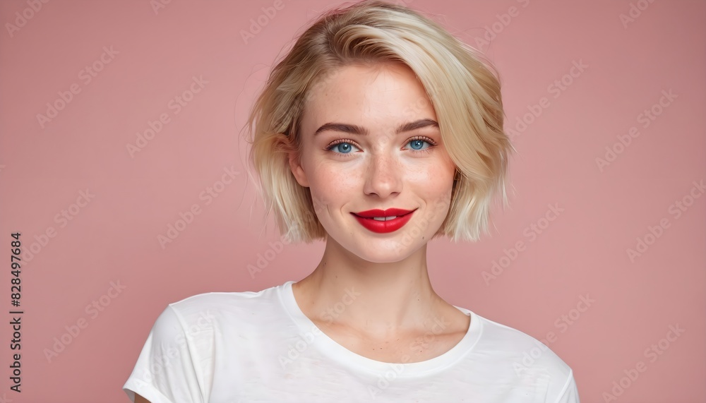 Beautiful woman with short blonde hair, blue eyes, and red lips wearing a white t-shirt on a pink background. Beautiful woman with short blonde hair, blue eyes, and red lips wearing a white t-shirt on a pink background.