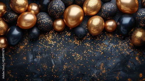 A golden frame with black and gold balloons and sparkles on a black background