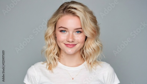 Beautiful young smiling woman with waby blond hair, light freckles, wearing white T-shirt on gray background