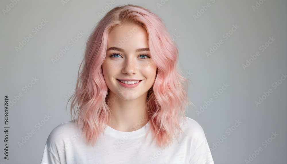 Portrait of a beautiful young smiling woman with perfect skin and light freckles, pink hair, wearing white T-shirt, isolated background. Portrait of a beautiful young smiling woman with perfect skin and light freckles, pink hair, wearing white T-shirt, isolated background.