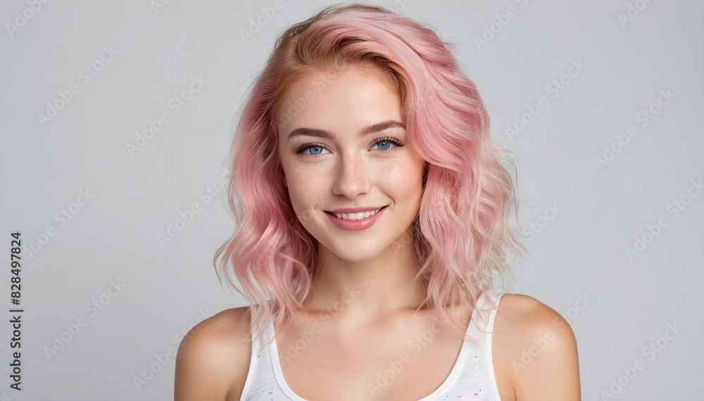 Beautiful young smiling woman with perfect skin, pink hair in a white tank top, isolated background. Beautiful young smiling woman with perfect skin, pink hair in a white tank top, isolated background.