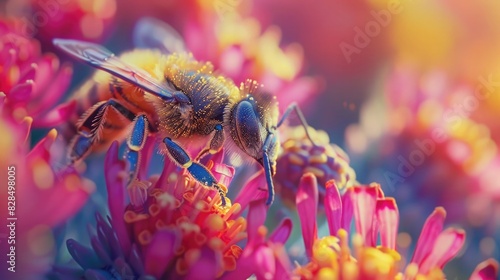 A close-up of a bee pollinating a colorful flower, with pollen grains visible on its fuzzy body. 8k, full ultra HD, high resolution, cinematic photography © Hasii