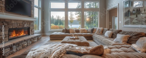 A cozy living room with a plush  sectional sofa and a large  stone fireplace. The room is filled with natural light pouring in through the large windows  and the walls are adorned with elegant  