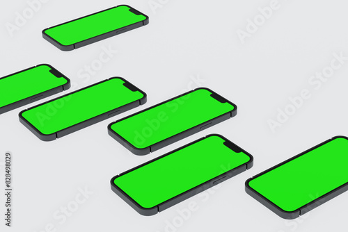 Mobile phone show green screen display, application website presentation, 3D rendering.