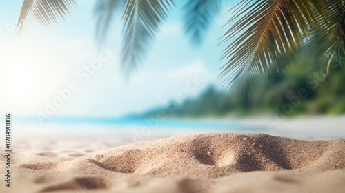 The sand on the beach has coconut leaves with blurred palms. Tropical beach, summer vacation and travel concept. copy space