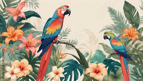 very beautiful tropical wallpaper illustrations, colorful macaws, tropical leaves and flowers, sharp quality and exotic color combinations