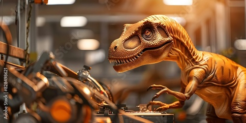 Fototapeta Naklejka Na Ścianę i Meble -  Velociraptor in factory assembling toys marvel at Trexs precision toy crafting. Concept Dinosaur Toys, Factory Setting, Velociraptor, T-Rex, Toy Crafting