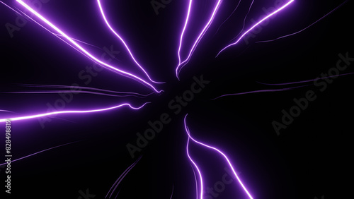 Purple electricity neon glowing lights thunderstorm lightning storm footage on black sky isolated. 8k