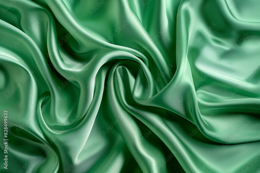 Fototapeta premium Green silk satin fabric wave or silk wavy folds