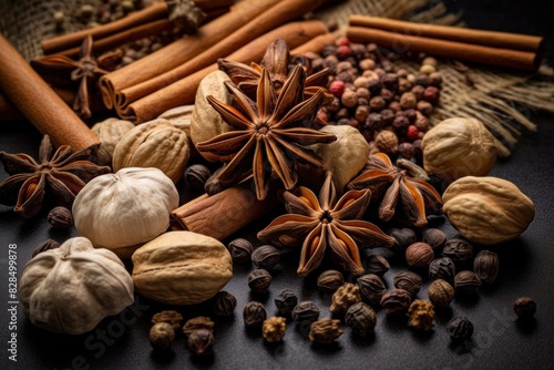 Star anise, walnuts and cinnamon, spices for cooking