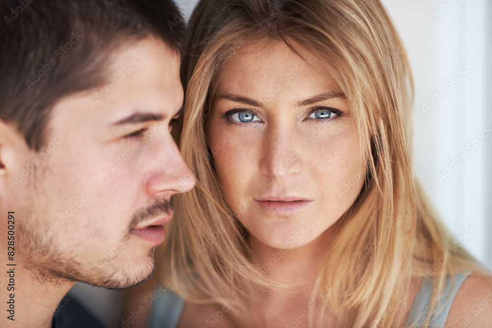 Closeup, love and portrait of couple in home for bonding, loving relationship and together on weekend. Dating, serious and face of man and woman embrace in house for romance, care and commitment Closeup, love and portrait of couple in home for bonding, loving relationship and together on weekend. Dating, serious and face of man and woman embrace in house for romance, care and commitment