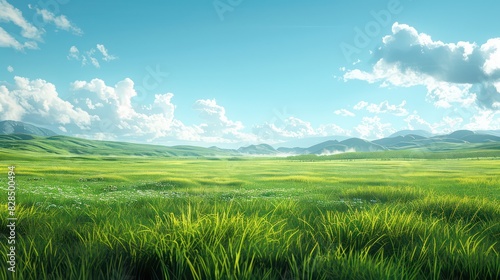 wallpaper of a realistic landscape of a lush green meadow with a clear blue sky