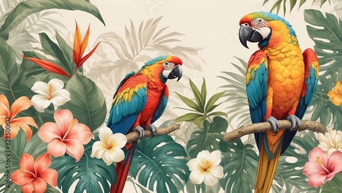 very beautiful tropical wallpaper illustrations, colorful macaws, tropical leaves and flowers, sharp quality and exotic color combinations