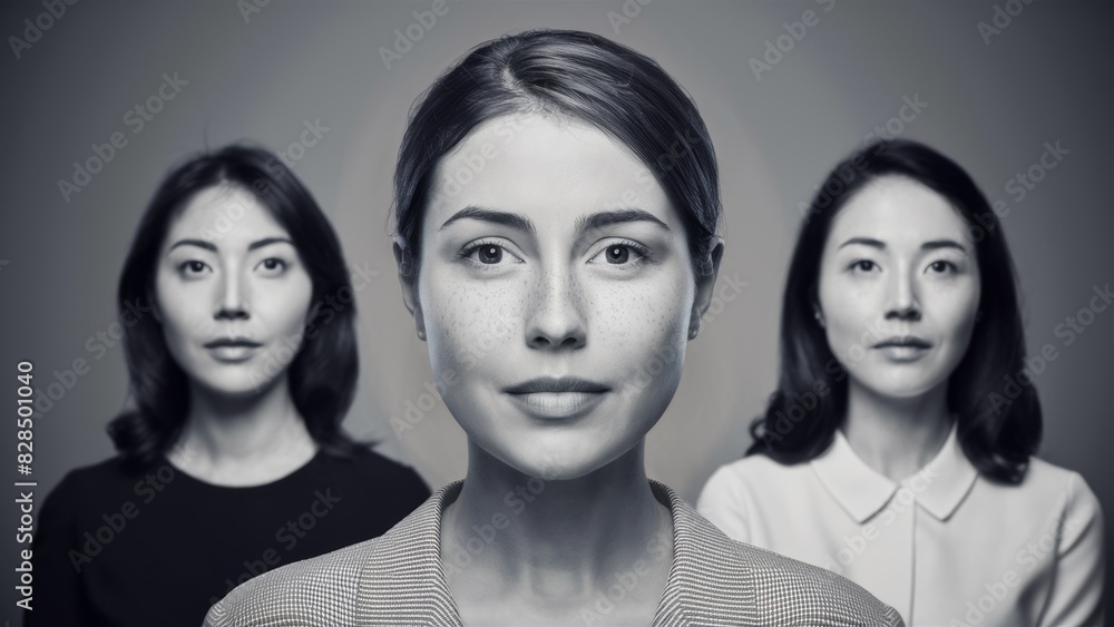 Three women with different facial expressions are shown in a black and white photo, AI Three women with different facial expressions are shown in a black and white photo, AI