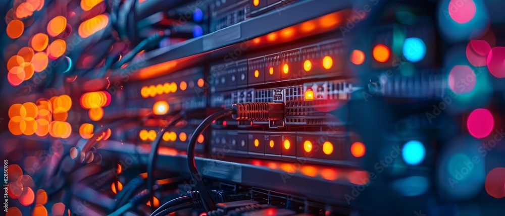 Close-up of a server rack in a data center, glowing with various LED lights indicating active data processes and connectivity. Close-up of a server rack in a data center, glowing with various LED lights indicating active data processes and connectivity.