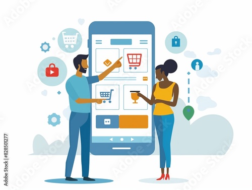Illustration of two people interacting with a large mobile shopping app interface, surrounded by icons.