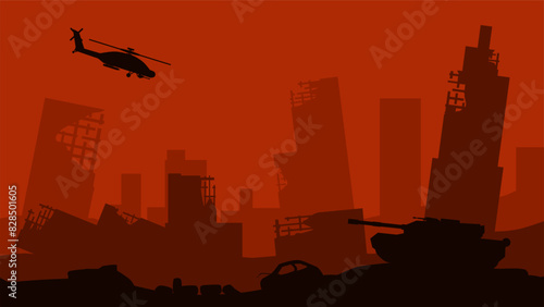 Landscape illustration of destroyed city and military battlefield