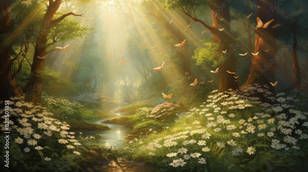 Sunbeams Peeking Through An Enchanted Forest Pathway. Generative AI
