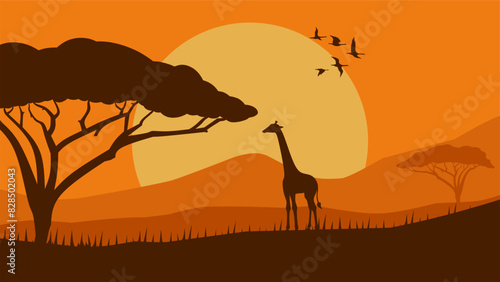Landscape illustration of savanna field with giraffe and african tree