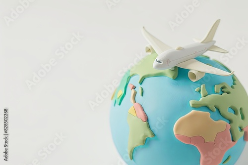 A 3D clay toy of a plane flying around a spherical representation of the world, set against a clean white background, depicting a whimsical travel concept