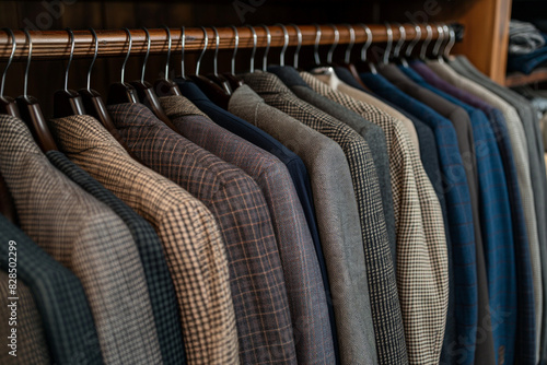 Professional Attire: Business Suits Hanging Neatly in Wardrobe Closet, Corporate Dress Code and Work wear Essentials, Formal Apparel for Business Executives and Office Professionals 