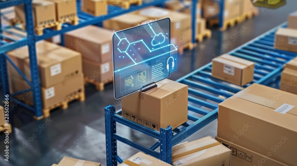 Smart warehouse management system using augmented reality technology to identify package picking and delivery . Future concept of supply chain and logistic business Smart warehouse management system using augmented reality technology to identify package picking and delivery . Future concept of supply chain and logistic business