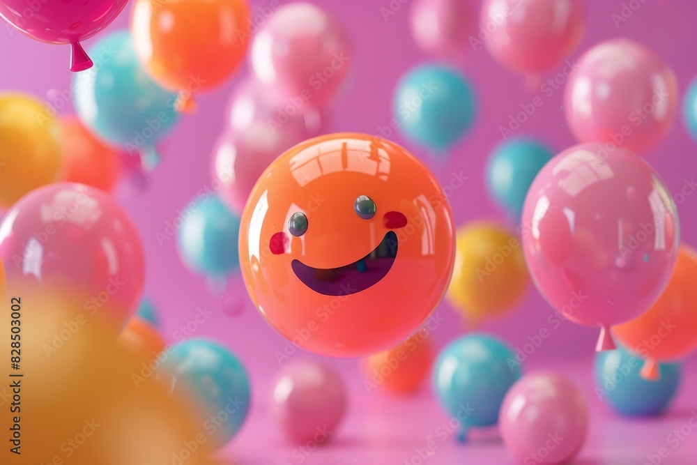 A bunch of colorful balloons with a smiling face in the middle A bunch of colorful balloons with a smiling face in the middle