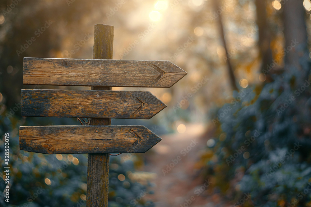 Naklejka premium Cross road wooden signs directional arrows in forest