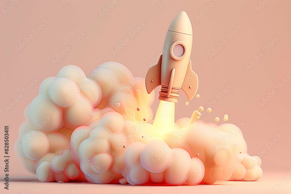 A detailed 3D clay icon of a rocket blasting off with billowing smoke ...