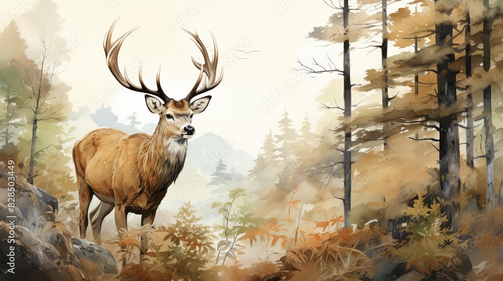 Fototapeta premium Portray a worms-eye view of a graceful deer staring curiously into the distance, amidst a grove of towering trees, in a detailed pencil sketch