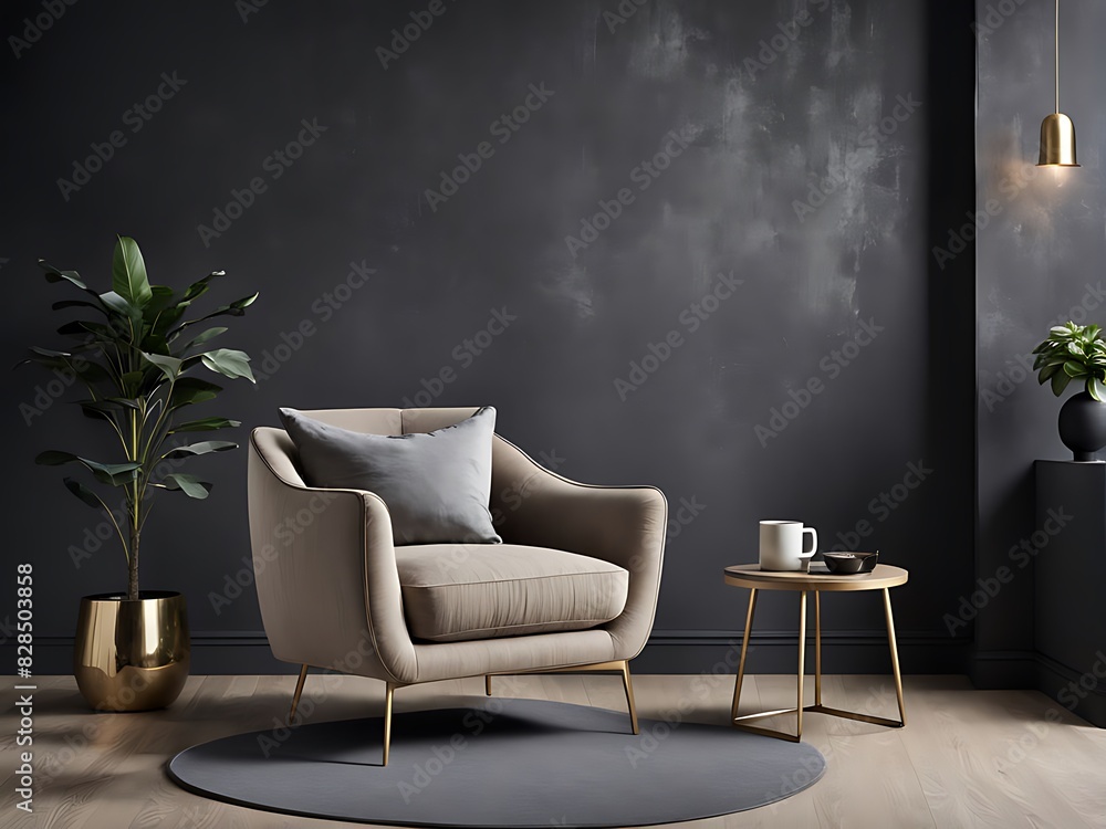 Living room in dark gray and beige, Minimalist style with empty black microcement wall, beige taupe ivory accent chair, golden lamp, modern reception lounge, 3D render Living room in dark gray and beige, Minimalist style with empty black microcement wall, beige taupe ivory accent chair, golden lamp, modern reception lounge, 3D render