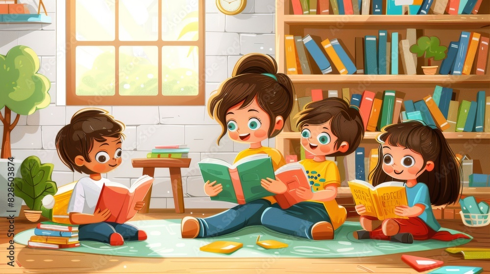 Fototapeta premium A cozy classroom setting with students reading books and the teacher assisting them Generative AI