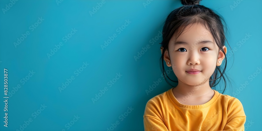 Asian child confidently poses against striking blue background. Concept Asian child, confident pose, blue background, photoshoot, colorful props Asian child confidently poses against striking blue background. Concept Asian child, confident pose, blue background, photoshoot, colorful props